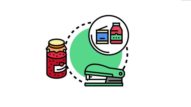 Pantry staples assortment picturing various household essentials including a jar of preserves, a stapler, and canned goods for home inventory