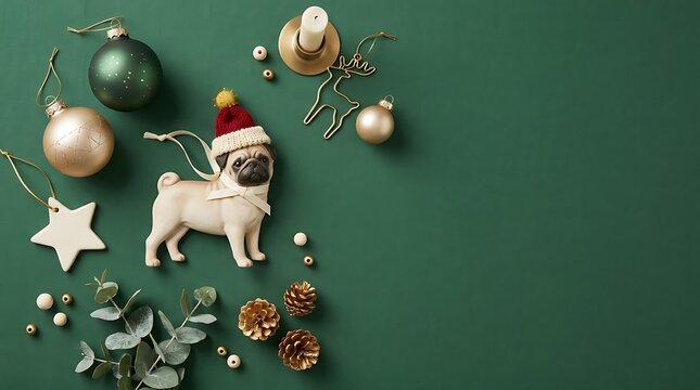 Christmas pug ornament wearing Santa hat with gold baubles and eucalyptus on green background flat lay with copy space for festive holiday greeting card design and winter decor