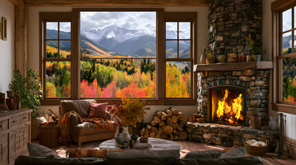 Naklejka premium Cozy cabin living room with a fireplace ablaze and a breathtaking autumn mountain vista make for an attractive backdrop, whether you're using it as a virtual meeting setting, a background for MS Teams