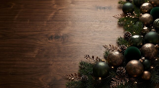 Dark elegant christmas holiday background with black ornaments and pine tree branches for copy