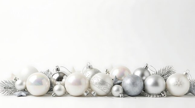 Shiny white and silver christmas ornaments with pine branches arranged in a festive row