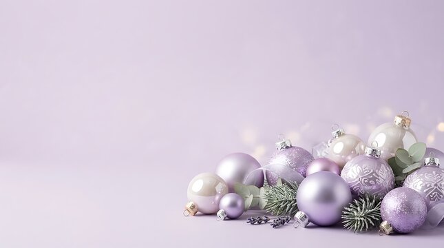 Beautiful shiny purple christmas baubles with fir tree branches on a soft pastel background