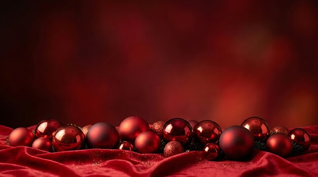 Shiny red christmas baubles arranged on soft fabric with a warm dark blurred holiday background