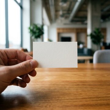 A hand presents a pristine, blank white card, offering a clean slate for new beginnings, personalized messages, or professional branding in a modern office environment with blurred background