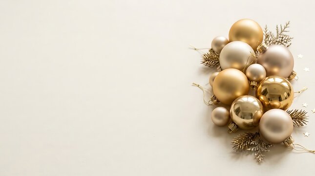 Shiny golden christmas baubles and decorative pine branches arranged for a holiday celebration