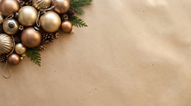 Shiny gold christmas ornaments and green fir branches on a light brown paper background