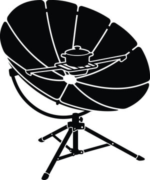 Black and white vector illustration of a solar cooker with a pot