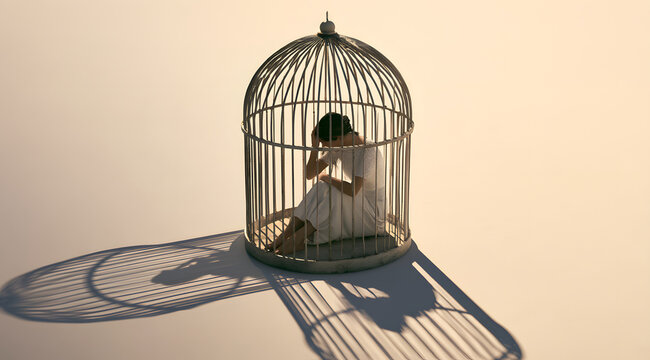 A woman sits sadly within a birdcage, casting a shadow. Feeling confined, isolated, or distressed, this scene symbolizes mental health issues. Connotations of despair and loneliness are evoked.