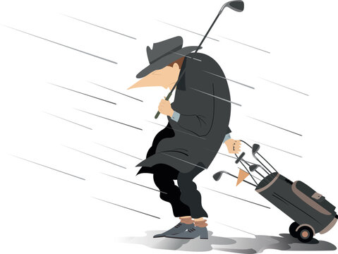 Bad weather for golf. Cold and wet man on the golf course