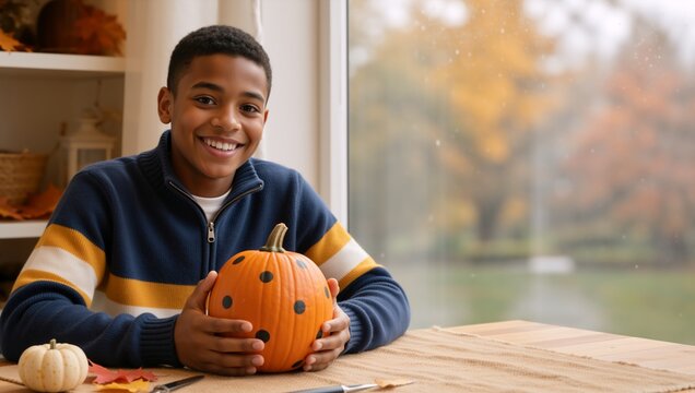 Smiling teenage boy holding a decorated polka dot pumpkin at a table. Happy youth preparing autumn and Halloween crafts by a window