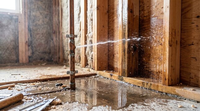 Leaking pipe spraying water inside a wooden frame under construction.