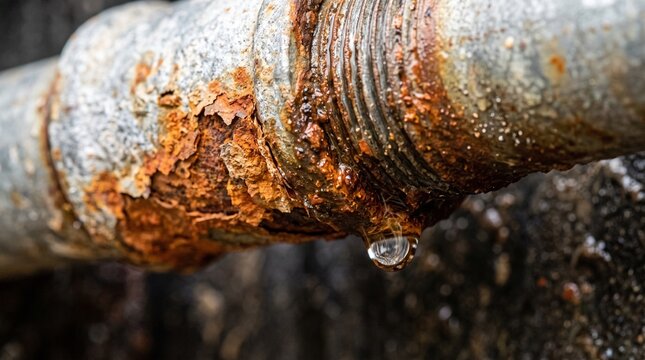 Close-up of a rusty water pipe with a droplet forming at the end
