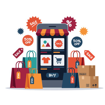 Online shopping concept with smartphone, shopping bags, and delivery boxes for retail sale