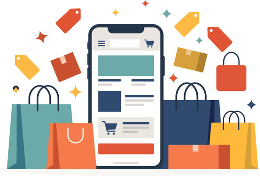 Online shopping concept with smartphone, shopping bags, and discount tags for ecommerce