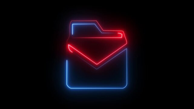 Red and blue neon folder icon on dark background, glowing mail message symbol.