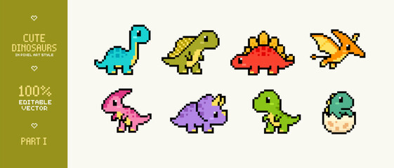 Cute pixel baby dinosaur set with T-rex, triceratops, stegosaurus and pterodactyl. Editable vector 8-bit pixel art dinosaur sprites for mobile games, stickers, kids designs and retro icon packs © VRTX