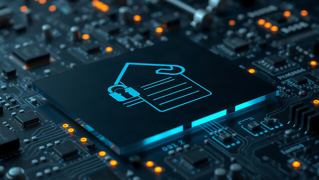 Cyan digital contract icon glows black processor amid orange lights and intricate circuit board pathways, suggesting secure electronic document
