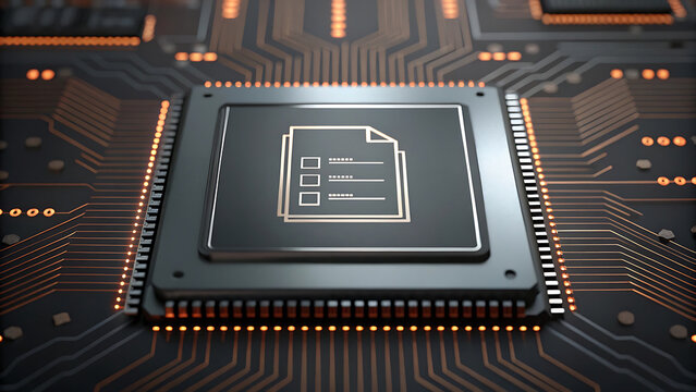 Microchip with digital document icon and glowing circuit board illustrates electronic contract technology and secure data processing