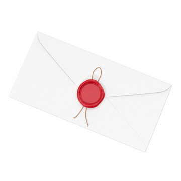 White envelope with red wax seal and string for letter, invitation, and stationery design