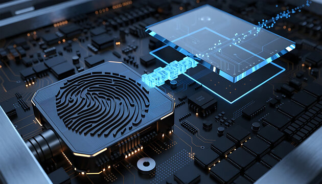 Digital contract smoked glass processor fingerprint circuit board holographic interface cybersecurity glowing data futuristic digital contract