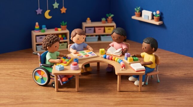 3dAccessibility & Inclusion abstract background design mew 2026 Children with disabilities learning and playing together in colorful classroom illustration