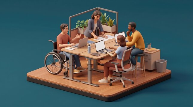 3dAccessibility & Inclusion abstract background design mew 2026 Diverse team collaborating in modern inclusive office workspace with wheelchair access illustration