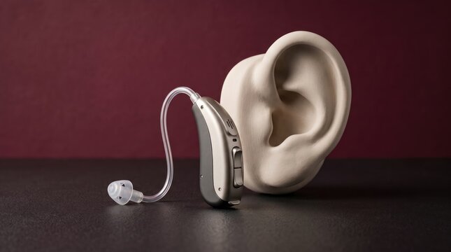 3dAccessibility & Inclusion abstract background design mew 2026 Hearing aid device placed next to a large human ear model illustration