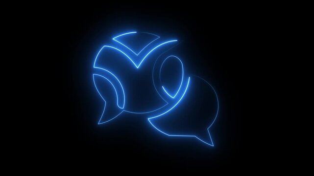 Blue neon chat bubbles icon on dark background, glowing conversation communication symbol.
