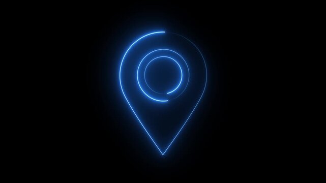 Blue neon location pin icon on dark background, glowing map marker navigation symbol.