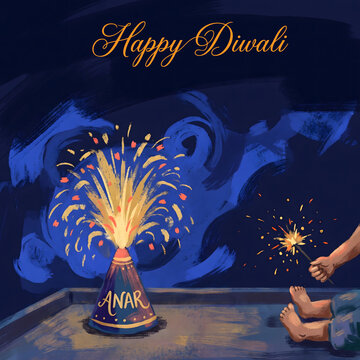 Diwali anar fountain firecracker erupting sparks while a child holds a sparkler on a terrace at night, festival celebration, painterly animated illustration, Indian tradition