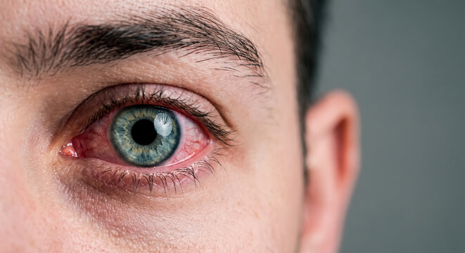 Close up of person with red irritated eye looking directly at camera
