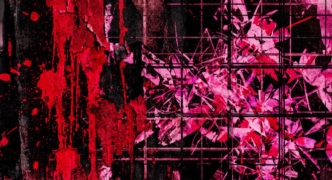 Abstract dark red and pink splatter art with grid overlay for
