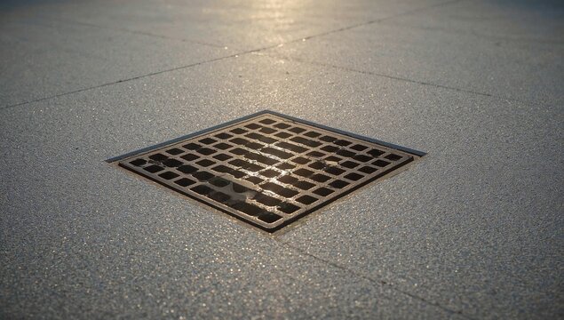 A square metal grate on the ground, perfect for use in industrial, construction, or architecture settings