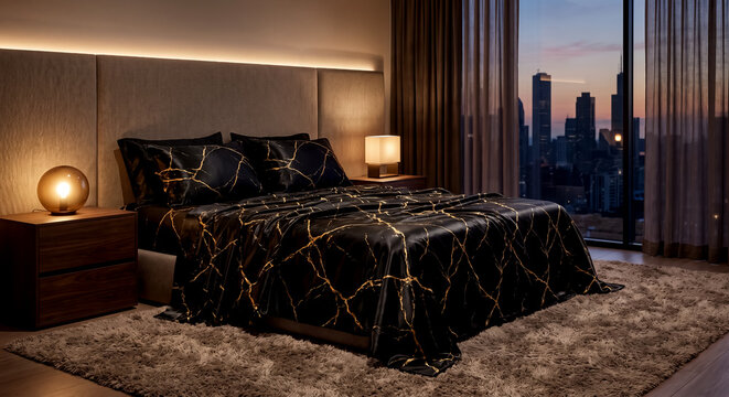 Modern luxury bedroom with city skyline view and stylish black marble