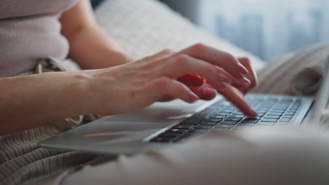 Soft light bathes a cozy, relaxed scene. Hands type on laptop keys with gentle, focused motion. Fingers, with light pink nails, move rhythmically over keyboard. Person sits comfortably on a plush bed