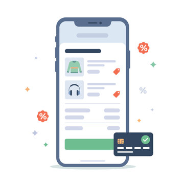 Smartphone online shopping application showing digital store catalog and credit card payment concept