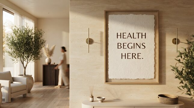 Health begins here inspirational quote on textured paper poster in a modern minimalist wellness interior