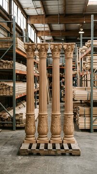 Four ornate wooden columns standing on a pallet in a workshop