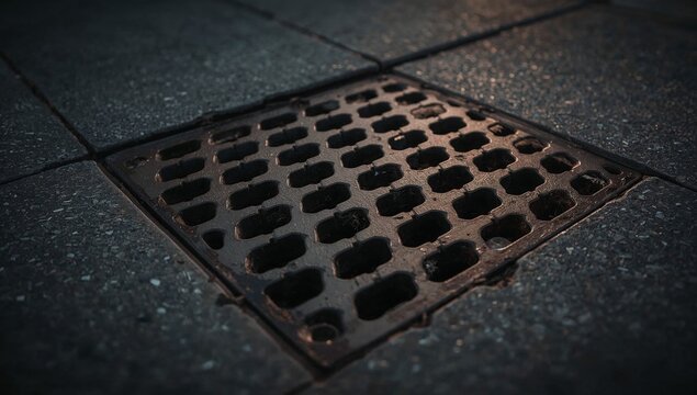 A metal grate with holes on a sidewalk