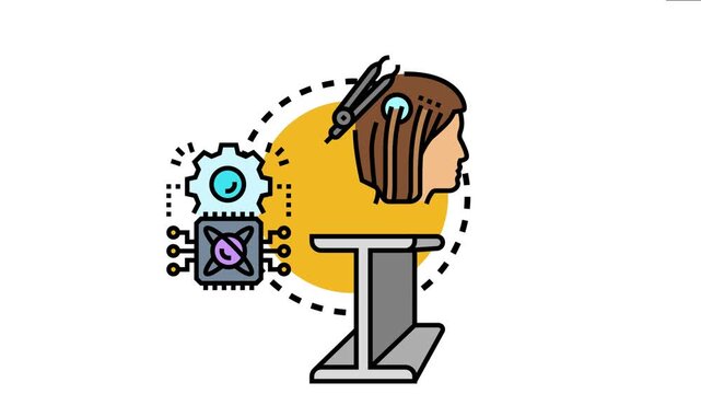 Human head with brain interface connecting to a technological system and gears. advanced neuroscience. Experimental technology