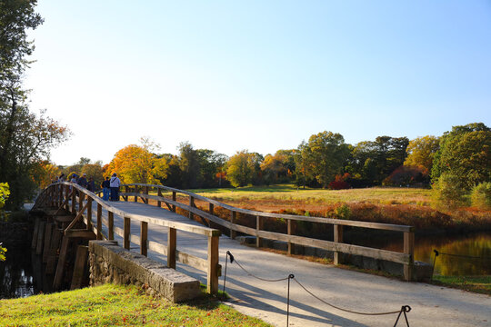 Scenic View of the Historic Old North Bridge and Surrounding Park Landscape in Concord, Massachusetts