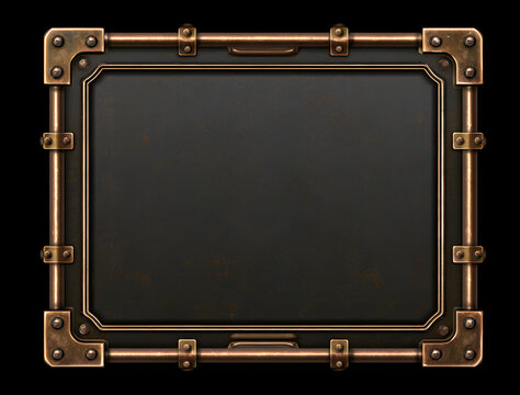 A frame in a steampunk style, with a metallic texture and copper rivets, adorned with an antique bronze border that showcases a rugged metal design and mechanical details. Inside, there's a retro bras