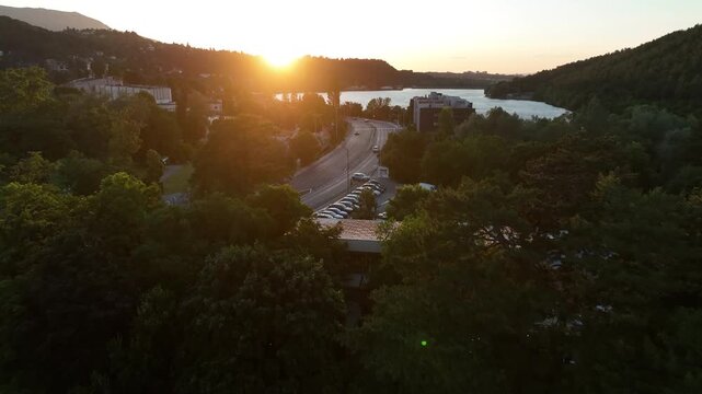 Aerial Drone View of Pancharevo Lake and Lebed Restaurant at Golden Sunset Near Sofia, Bulgaria