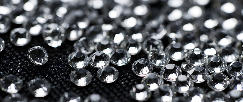 Clear rhinestone crystal texture background. Sparkling faceted gems on a black fabric surface. Glamorous party and festive celebration banner