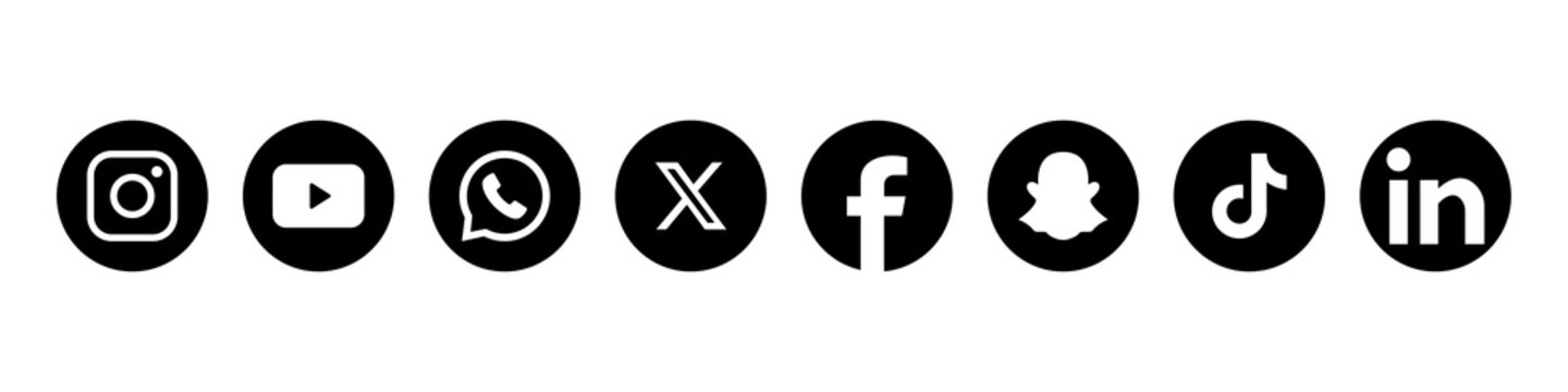 Collection of high-resolution Black social media icons including Instagram, YouTube, WhatsApp, LinkedIn, Snapchat, X (formerly Twitter), Facebook, TikTok circles isolated on a white or transparent bac