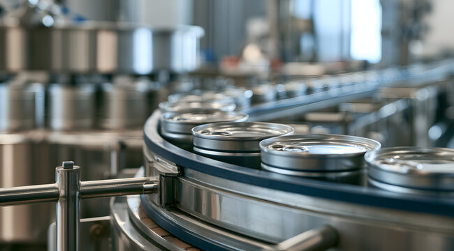 Cans of food move along a conveyor belt in a modern factory. A robotic production line handles the processing of canned goods in an industrial facility. Stainless steel equipment manages the mass prod