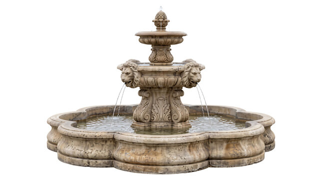 Elegant tiered stone fountain with lion heads and water spray.