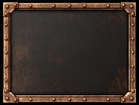Steampunk-style metallic frame with a copper texture, rivets. An industrial antique bronze border features a rugged metal design and mechanical details. A retro brass rectangle frame with an aged pati