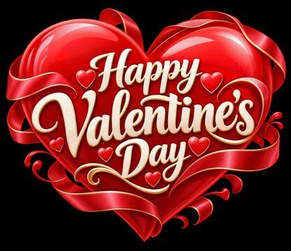 Glossy red Valentine heart with elegant gold lettering and ribbons