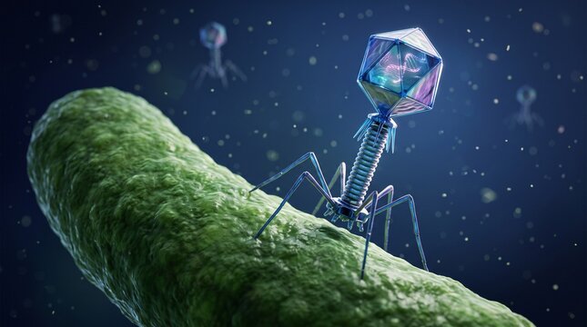 Bacteriophage virus landing on a green bacterium cell surface for